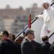 Pope Francis walks down the steps of an airplane upon arriving at Cairo's airport, Egypt, Friday, April 28, 2017. Francis is in Egypt for a two-day trip aimed at presenting a united Christian-Muslim front that repudiates violence committed in God's name. (AP Photo/Gregorio Borgia)